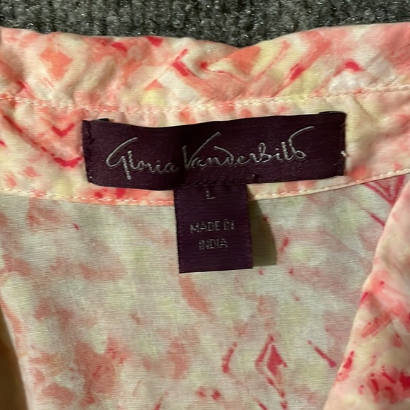 Gloria Vanderbilt Women’s L Button Down Pleated Pink Splash Blouse Tie Sleeve - Picture 2 of 12